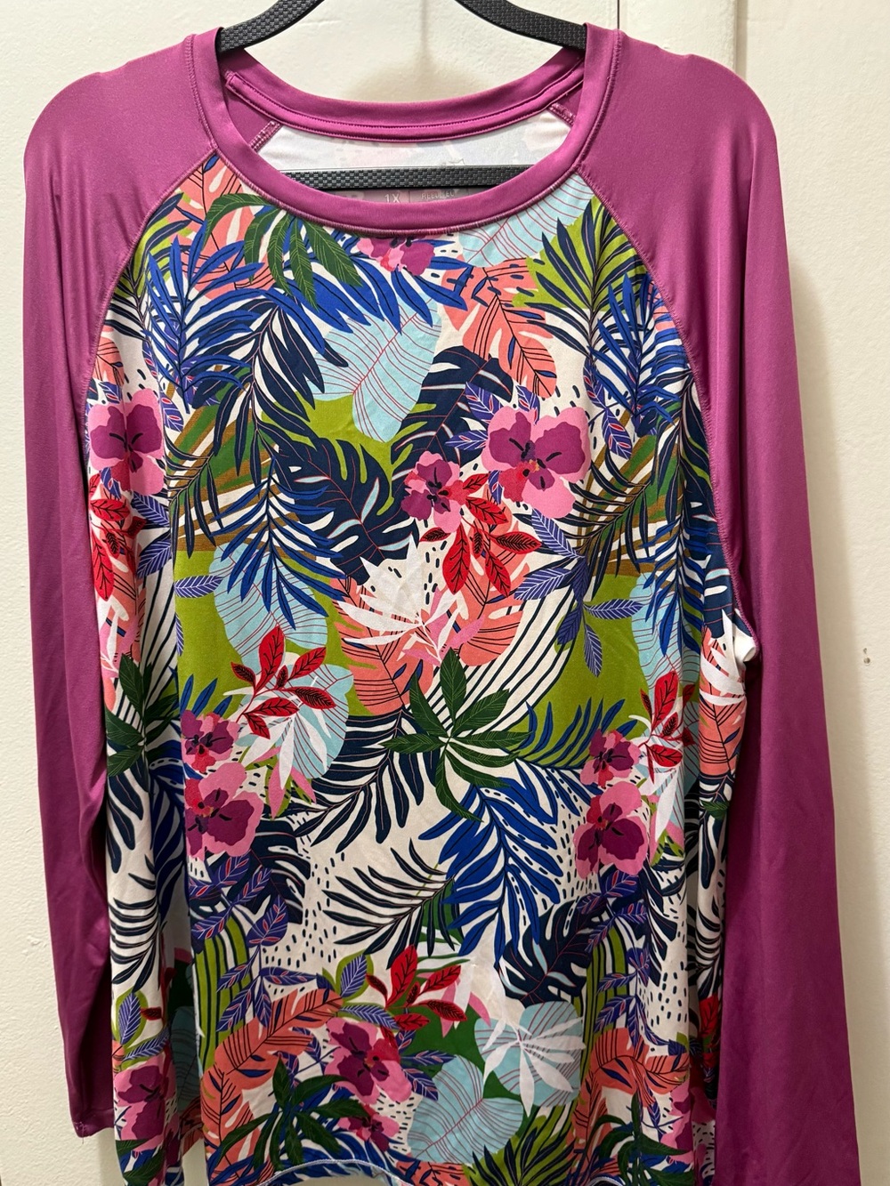 Reel Legends Purple-Sleeve Tropical Floral Raglan Long-Sleeve Top